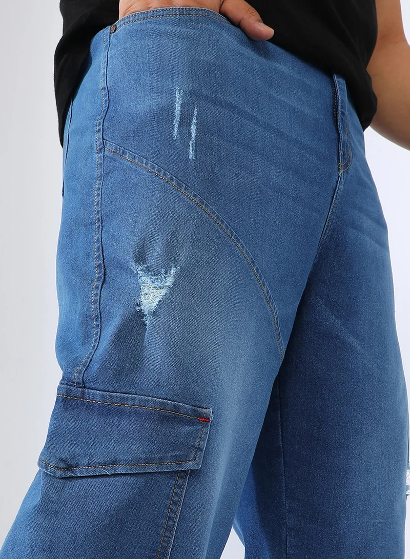 Instafab Plus  Men's Light Blue Asymmetrical Stitch Denim Jeans For Casual Wear | 6 Pockets | Mid-Rise | Button Closure | Plus-Size Denim Jeans Crafted With Comfort Fit For Everyday Wear for Men | Best Price UAE